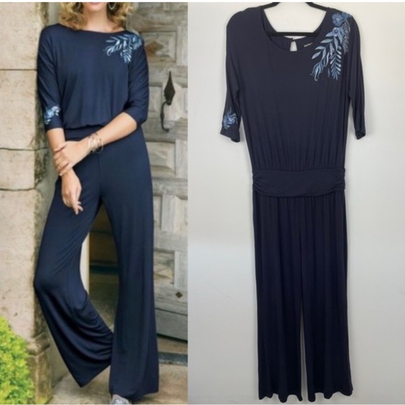 Soft Surrounding Navy Blue Garbo Jumpsuit Embroidered Jersey Knit Size MP - Picture 1 of 6